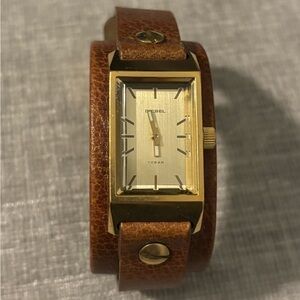 Y2K Vintage Diesel Brown Leather Cuff Watch with Gold Hardware
